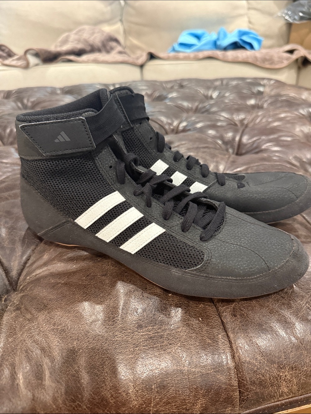 adidas Black High-Top Wrestling Sneakers with White Stripes sz 9.5 men’s